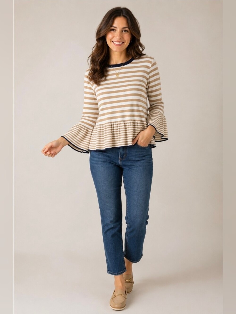 English Factory Striped Peplum Bell-Sleeve Top Sz M